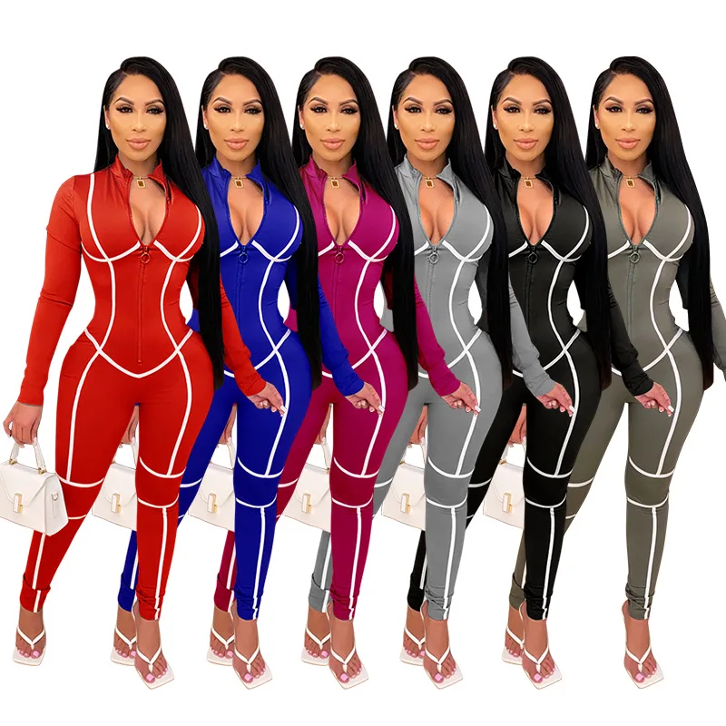 

Ladies Stitching Solid Color Sexy Long-sleeved Jumpsuit Zipper Stripe Slim Sexy Jumpsuit