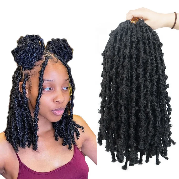 

Synthetic butterfly locs 14" braiding hair distressed water wave faux loc crochet wavy dread nu butterfly locs