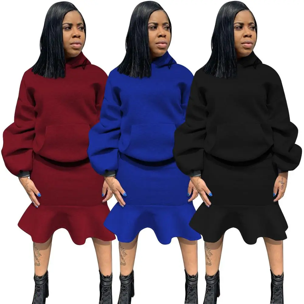 

2021 New Arrivals Fashion Women Hooded Flared Sleeve Pocket Sweater Knee Length Skirt Air Layer Fabric 2 Pieces Set Dress