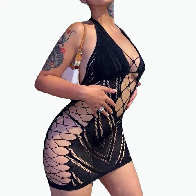 

FS7139D women sexy halter backless mesh dress