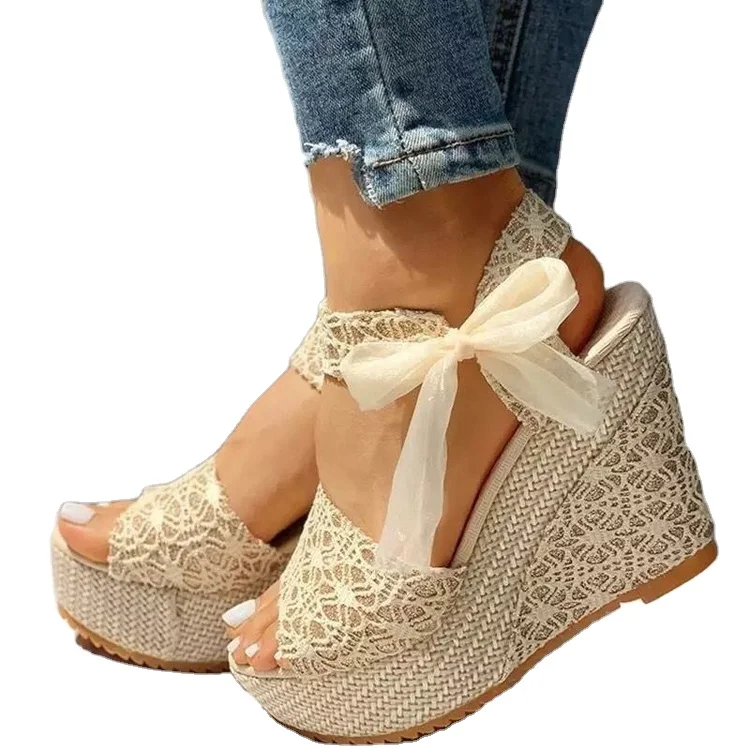 

Hot sale lace casual women's shoes wedge high heel ladies shoes summer high heel sandals