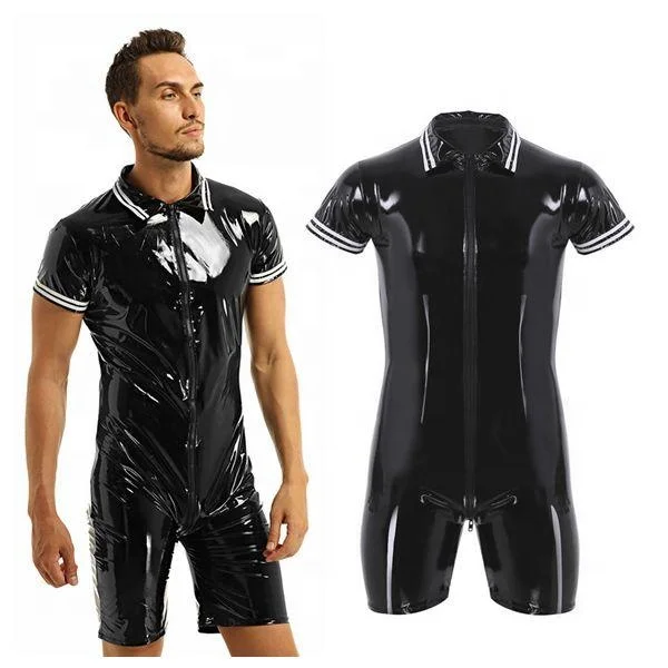 

Mens One-piece Wet Look Patent Leather Short Sleeve Front Zipper Boxer Briefs Leotard Bodysuit