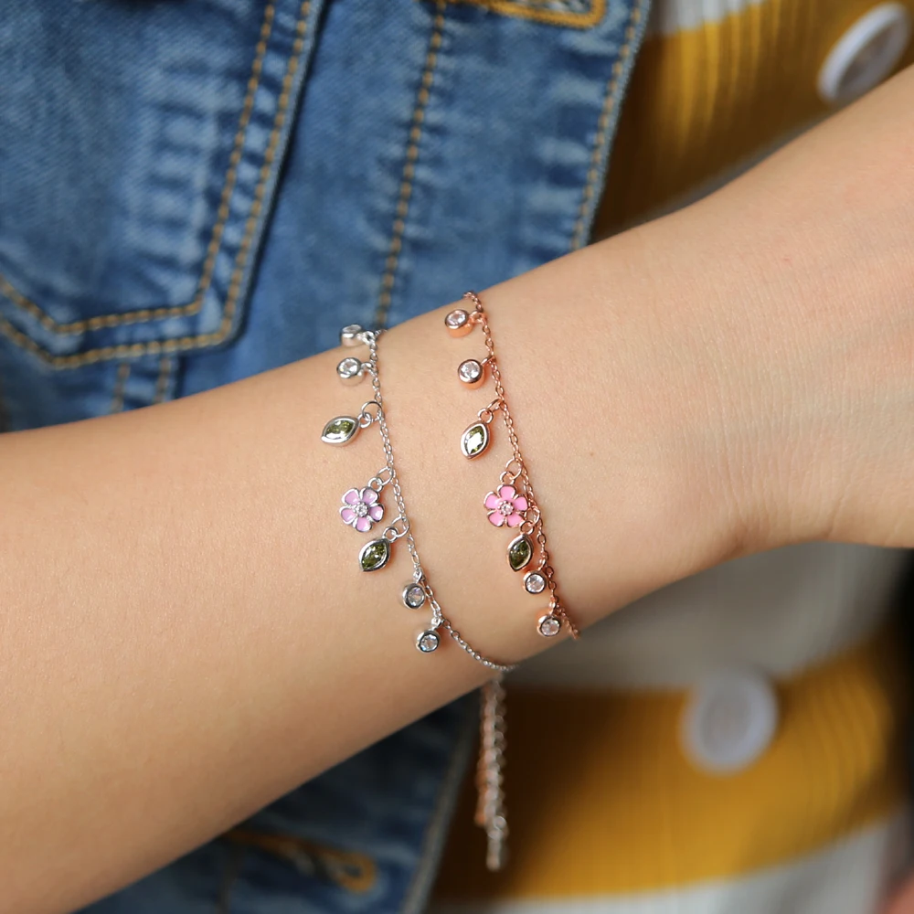 

Promotion 925 sterling silver chic jewelry design cz pink flower drop charm chain bracelet for women, Picture