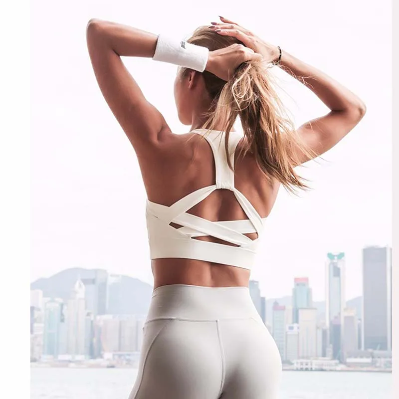 

White Strap Push Up Sports for Women Gym Running yoga top Bra Athletic Vest Hollow out Sportswear Underwear