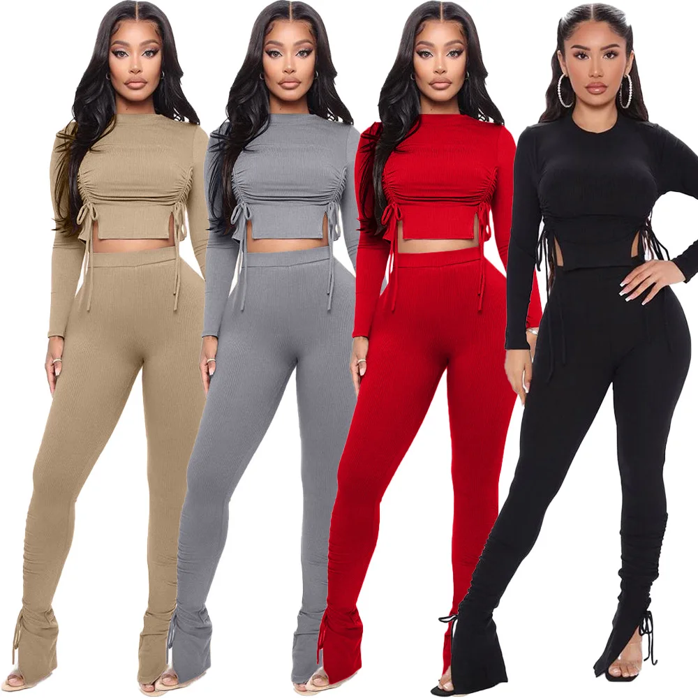 

Wholesale hot sales Solid tight slit women's two piece set Pleated Crew Neck Long Sleeve crop top and pant 2 piece sets bodycon