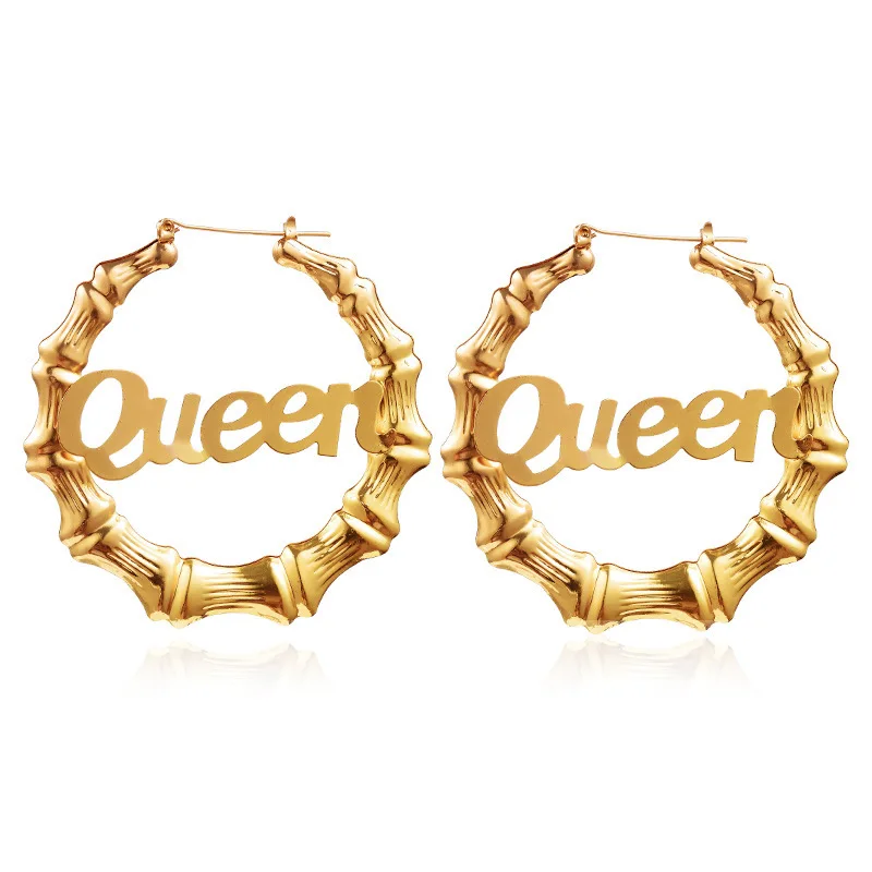 

Custom alphabet bamboo hoop earrings hip-punk exaggerated round stud earrings lady, As picture