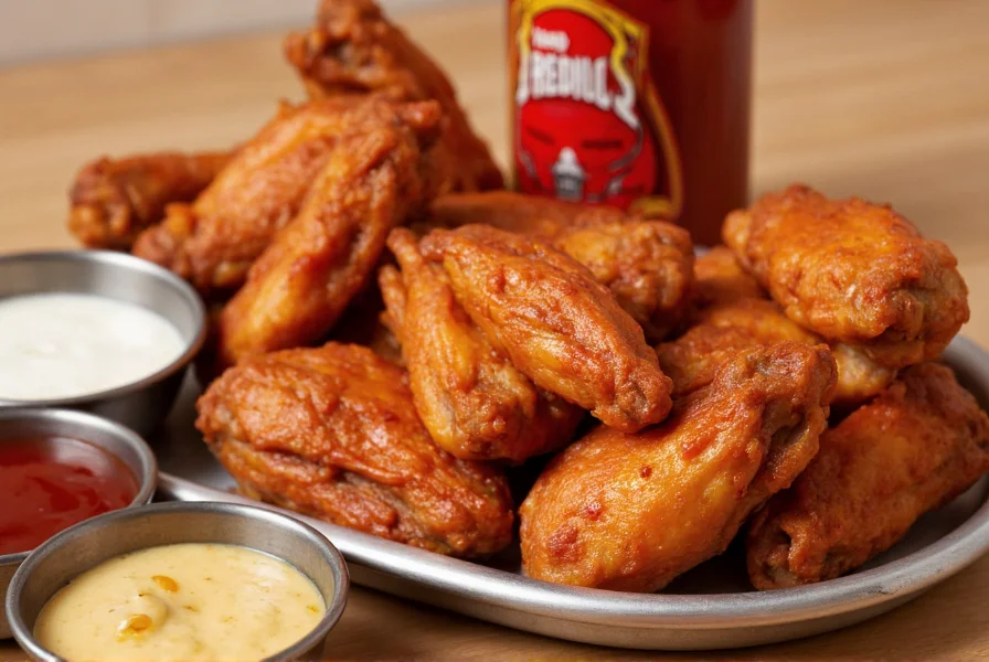 Close-up of Frank's RedHot sauce bottle next to chicken wings and dipping ingredients