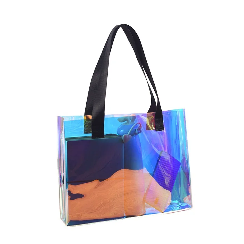 

PVC laser transparent magic color cosmetics clothing store packaging bag net red envelope printing logo one shoulder tote bag, Customizable