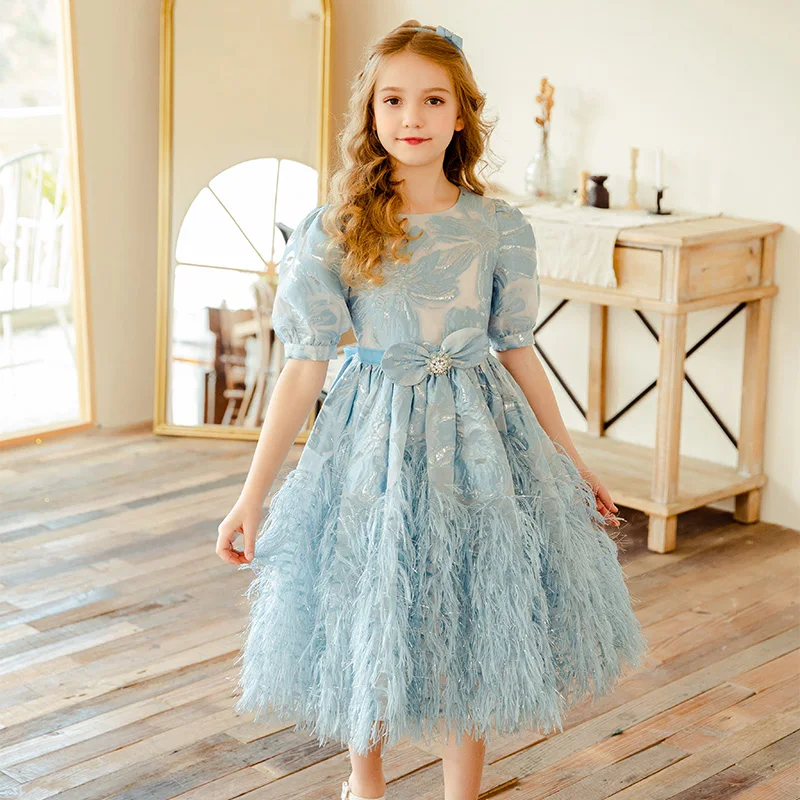 

Wholesale online retail clothing girl dresses 6 to 14 year jacquard fabric baby girl party dress feather frock kids clothing, Sky blue other colors can be supported