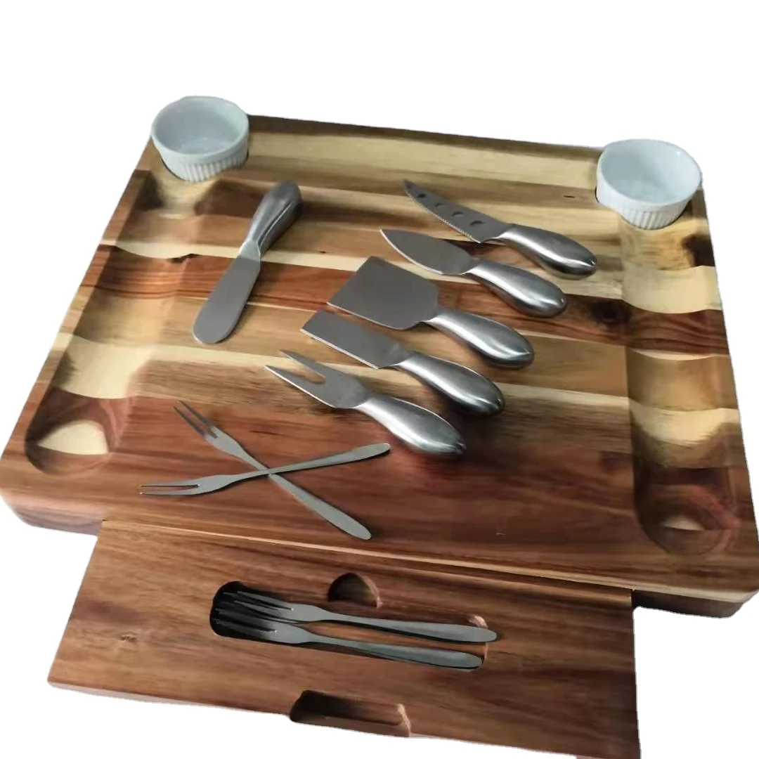 

Stock Meat Charcuterie Platter Acacia Wood Cheese Cutting Board Set & 6 Pieces Cutlery Set with Slide-Out Drawer 2 Ceramic Bowl