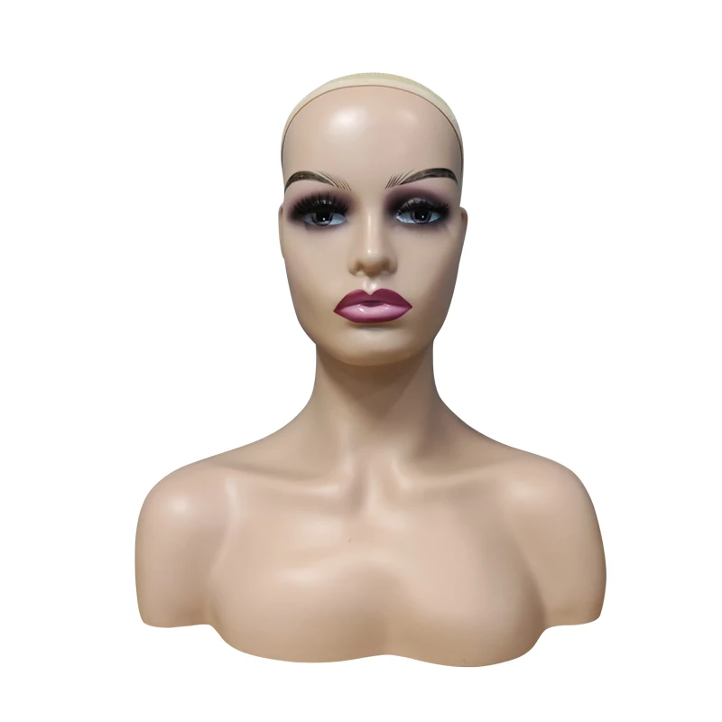 

Wholesale Boutique Beautiful Cheap Wig Earring Necklace Display Makeup Face Realistic Female Smiling Brown Bust Mannequin Head, White and brown