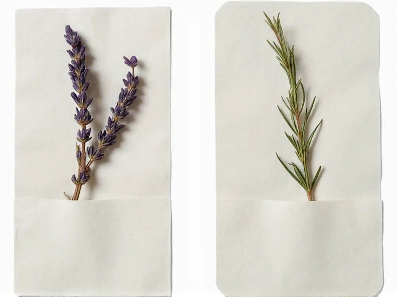 Dried lavender and rosemary pressed between contact paper bookmarks