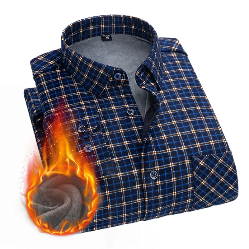 

Plus Size Men's Check Long Sleeve 100% Cotton Warm Thick Lined Dark Blue Shirt