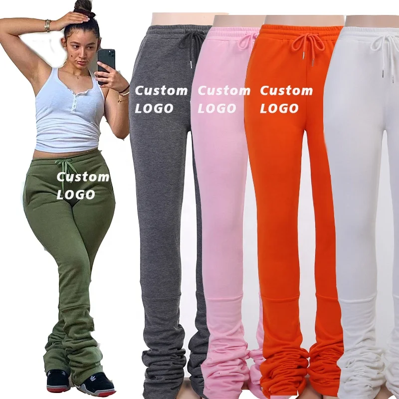 

HG Custom Logo Embroidery Stacked Sweatpants For Women Fashion Sporting Joggers Skinny Casual with Slit Women Stacked Pants