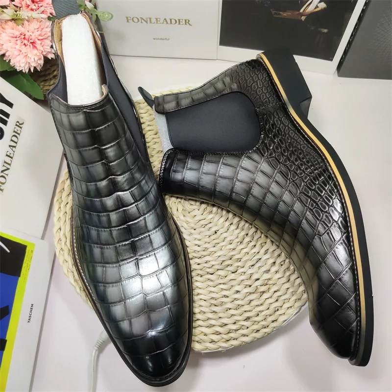 

Classic Design Plaid Boots Fashion Good Quality Comfortable Slip On Leather Chelsea Boots for Men