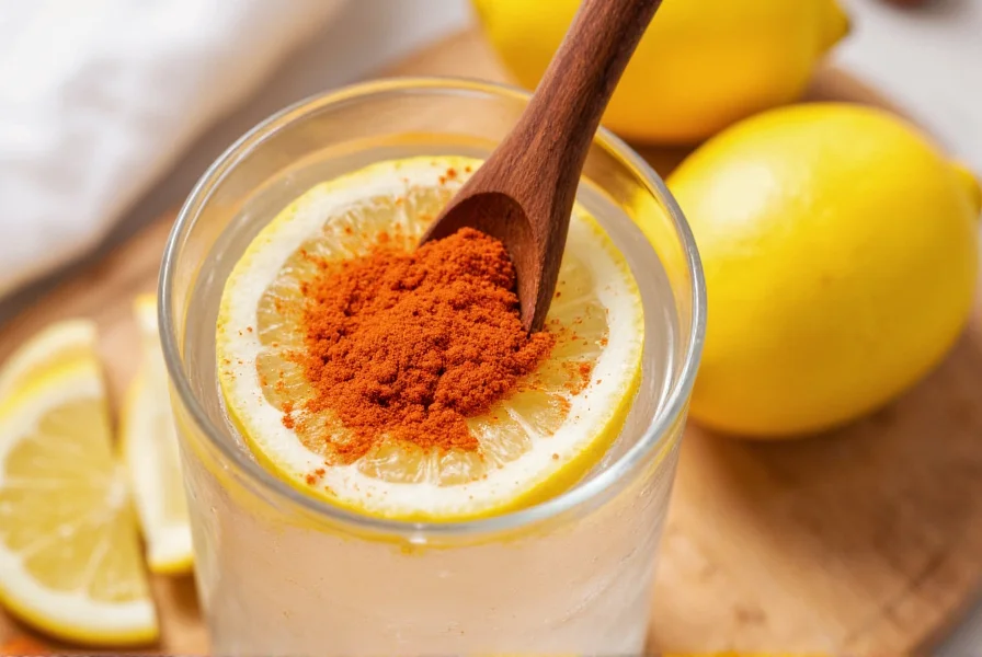 Close-up of cayenne pepper powder being stirred into a glass of water with lemon slice