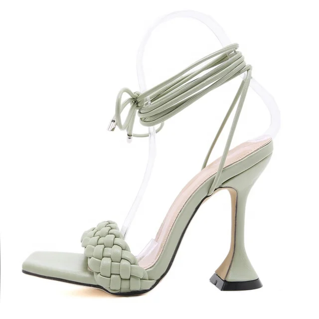 

Braided Roman Strap High Heels Square Toe Goblet Heel Sexy Sandals Commuter White Collar Shoes