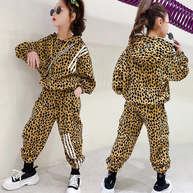 

KS3761 Fashion girls hoodie and pants set street girls casual cotton leopard tracksuit set, As picture