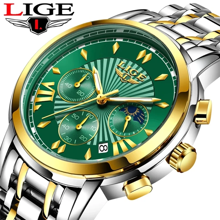 

LIGE Men Watch Top Brand Luxury Business Stainless Steel Quartz Watch Men Fashion Sport Waterproof Chronograph Moon Phase Clock
