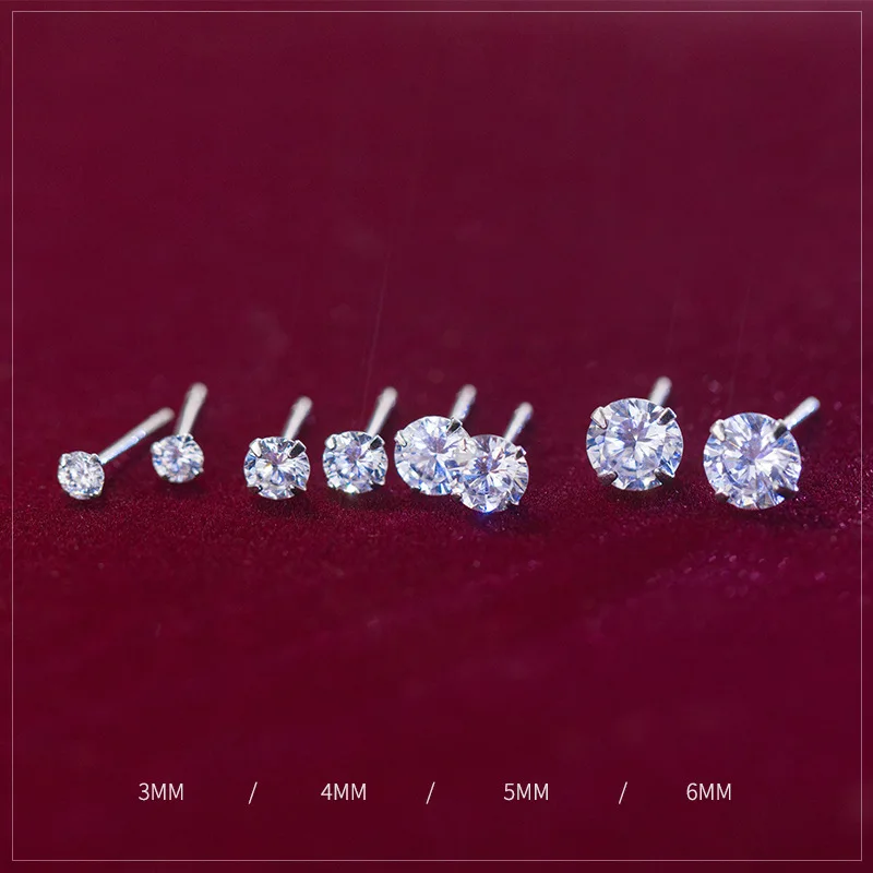 Simple Different Size 925 Sterling Silver CZ Zircon Round Stud Earrings for Women Gifts Wedding Fine Jewelry