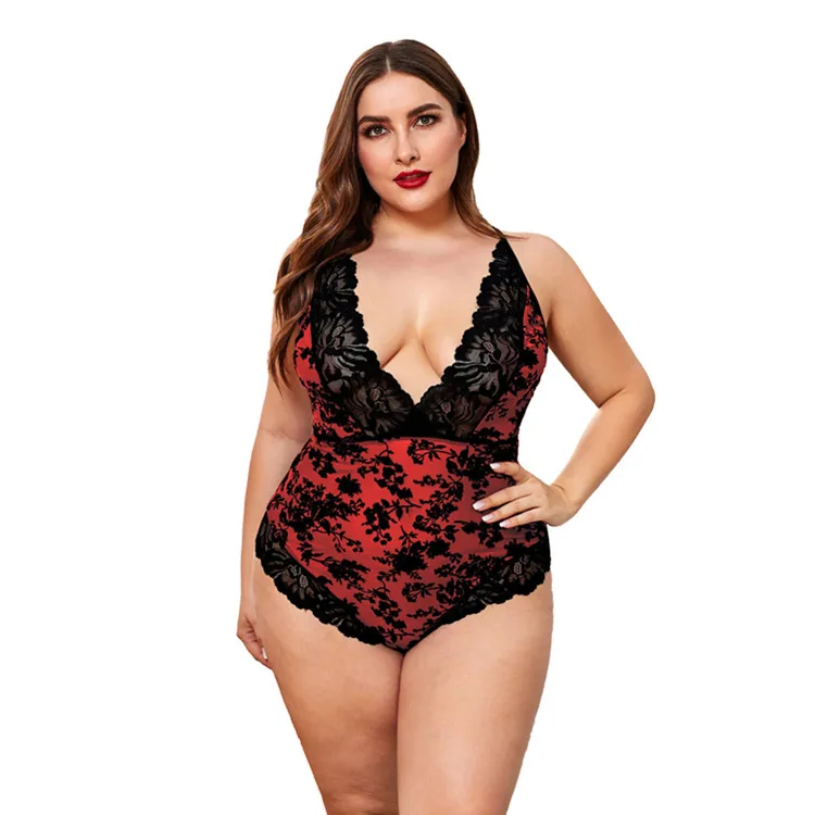 

Sexy Women Lingerie V Neck Bodysuit Floral Printed Lace Plus Size Teddy Set