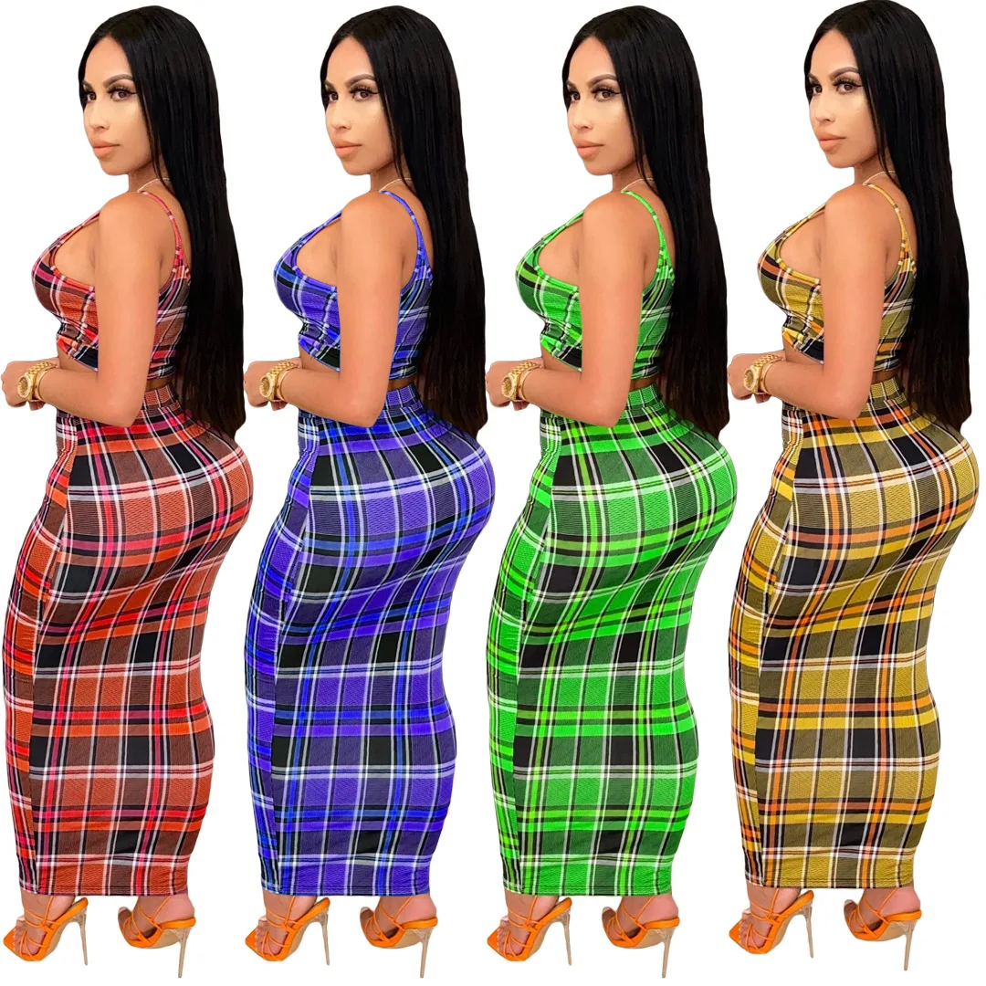 

HM-6335 Summer New Style Sling Sleeveless Plaid Printing Two-Piece Suit