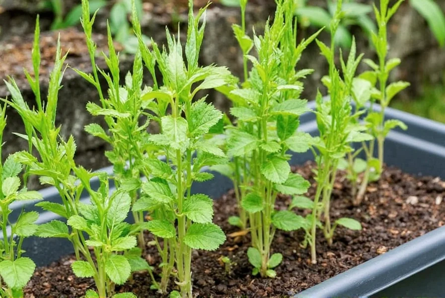 Home garden showing perejil plants growing in a container with proper spacing and soil conditions