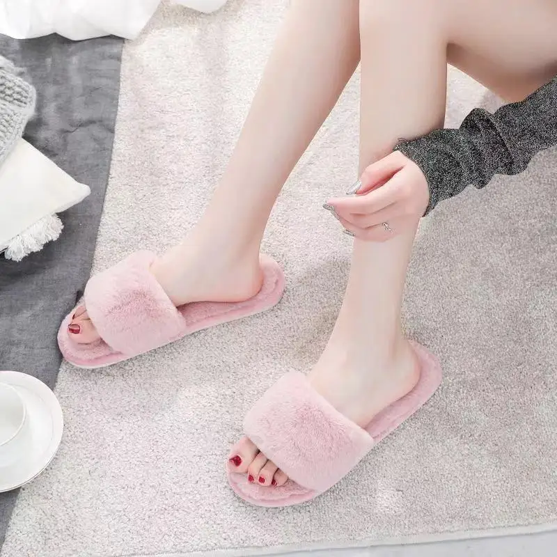 

Made In China Superior Quality home warm slippers open toe Fur furry slides slippers Sandals Flush bedroom slippers, As picture