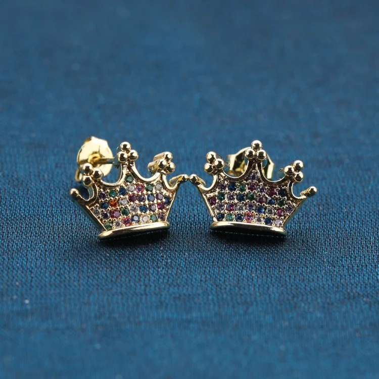 

New Handmade Micro Insert Zirconia Gold Brass Crown Stud Earring Jewelry for Women and Girls