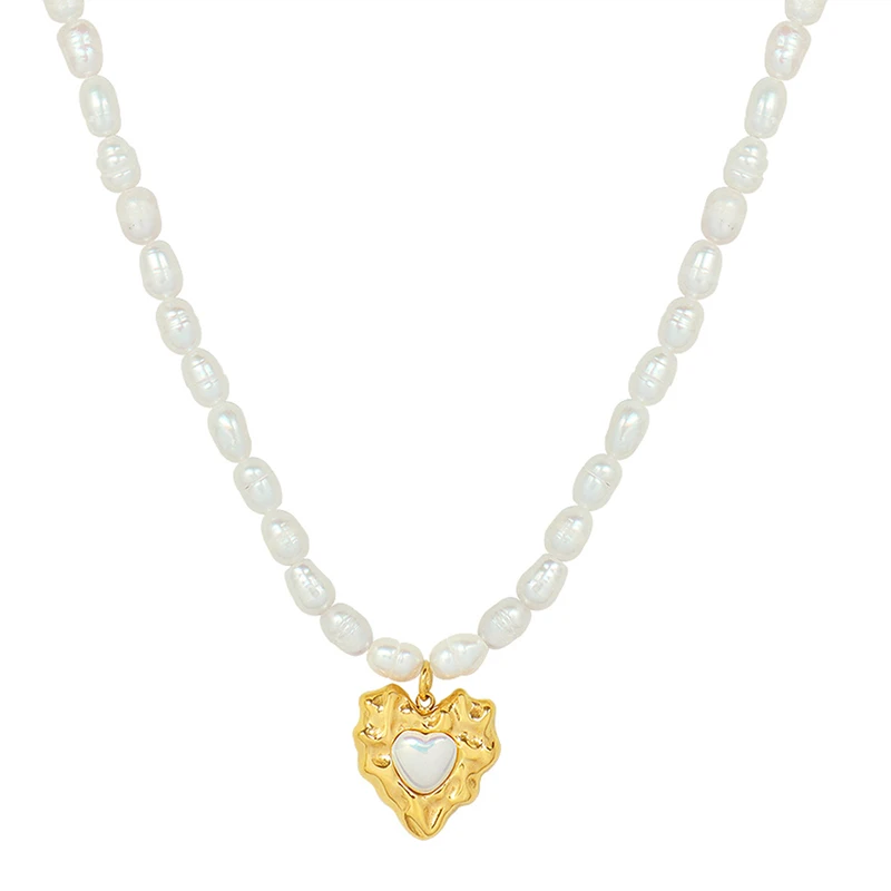 

2022 New Product Women Jewelry 18k Gold Titanium Steel Heart Pendant Freshwater Pearl Chains Necklaces, 18k gold/rose gold/steel