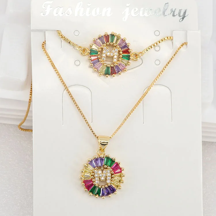 

S11048 Bling Jewelry Rainbow Cubic Zirconia Alphabet Letter Pendant Necklaces and Bracelet A-Z Initial jewelry sets for Women