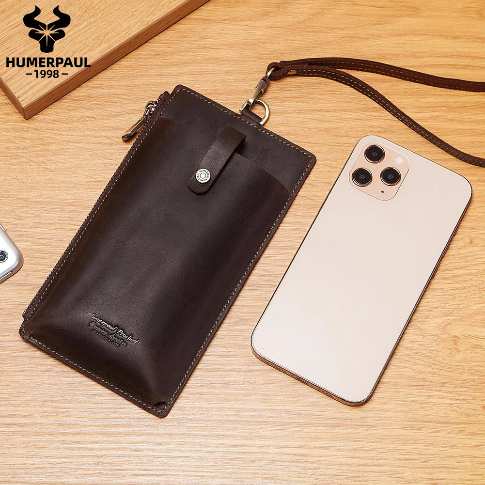 

HUMERPAUL Wholesale 2020 Men Waist Vintage Phone Case Crazy Horse Genuine Leather Mobile Cell Phone Bags, Coffee
