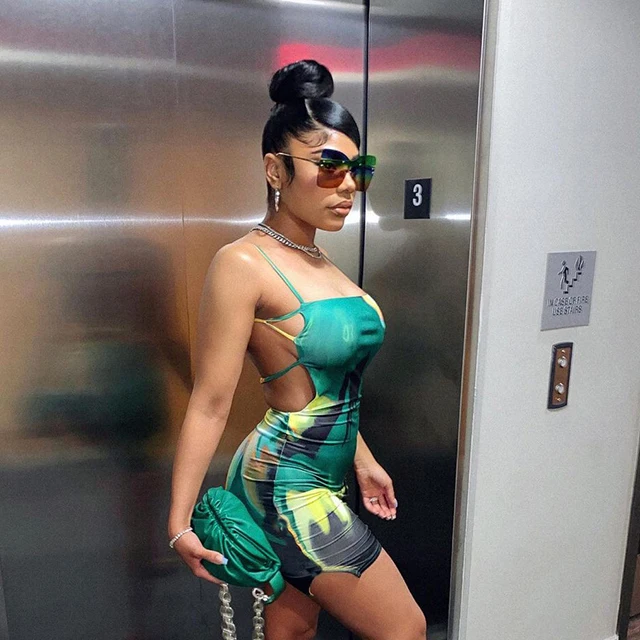 

New Arrival Tie-Wrap Printing Ladies Cami Dress Tight Fitted Nightclub Split Bodycon Dress Sexy Backless Boat Neck Dress -SM, Green