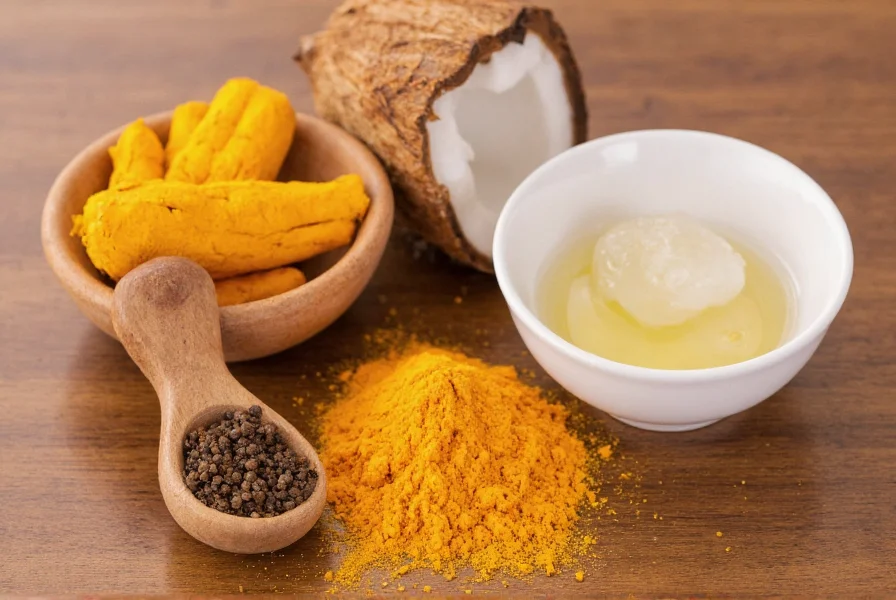 Turmeric root, black pepper, and coconut oil ingredients arranged on wooden table