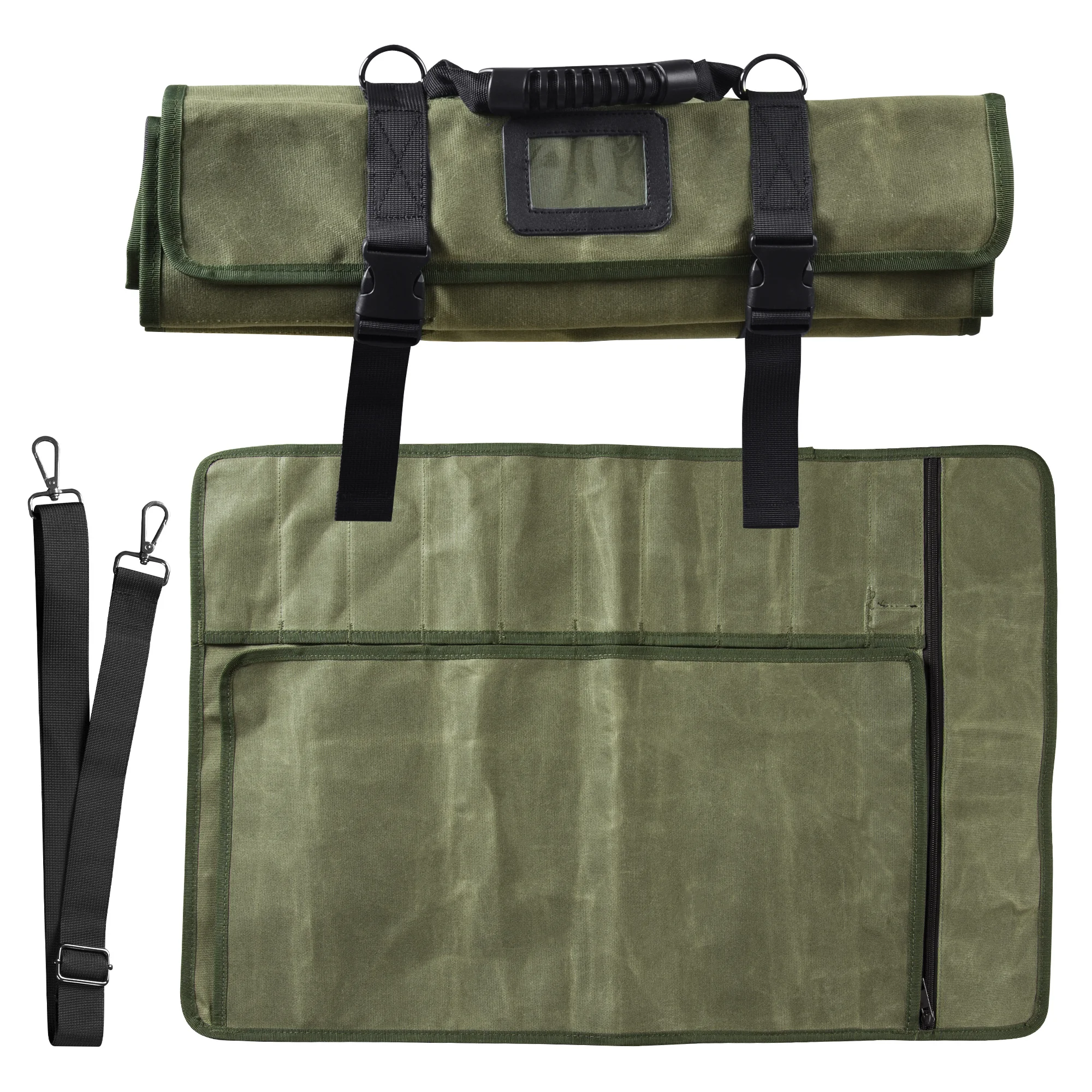 

Xingye High Quality 10 Pockets Shoulder Strap Buckle Fixed Durable Carrying Kitchen Knife Kit Canvas Knife Roll Bag