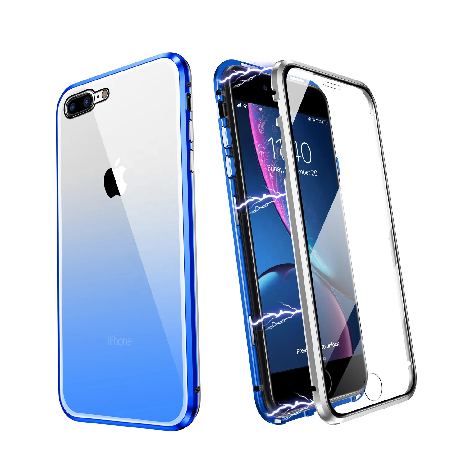 

ZHIKE Fundas Para Celulares Metal Frame Double Sided Tempered Glass Magnetic for iPhone 7 8 Se 2020 Logo iphone Phone Case, Black, red, different gradient colors