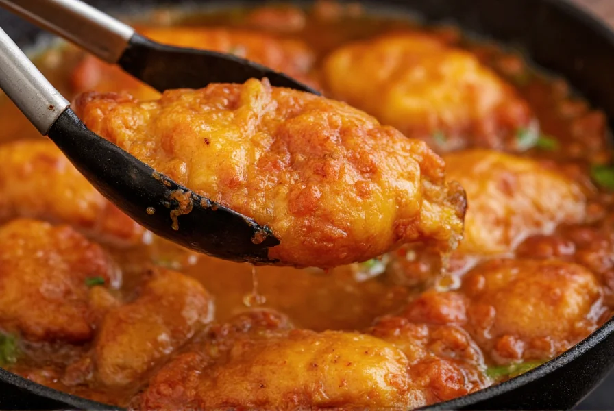 Close-up of golden-brown chili relleno being lifted from frying oil with tongs