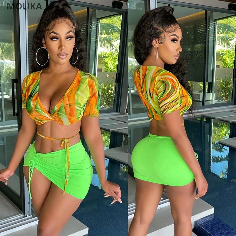 

2021 summer women's 2 piece outfits crop top set digital print mesh two piece skirt set women neon clothing