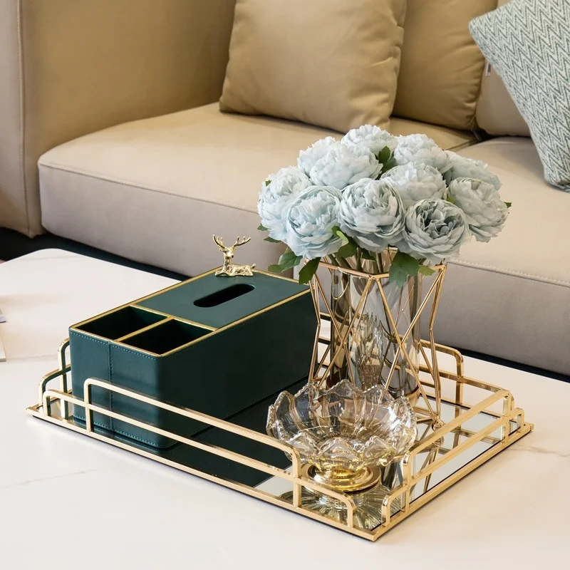 

Nordic light luxury mirror glass metal tray home living room tea table large collection tea tray put cup tea tray decoration