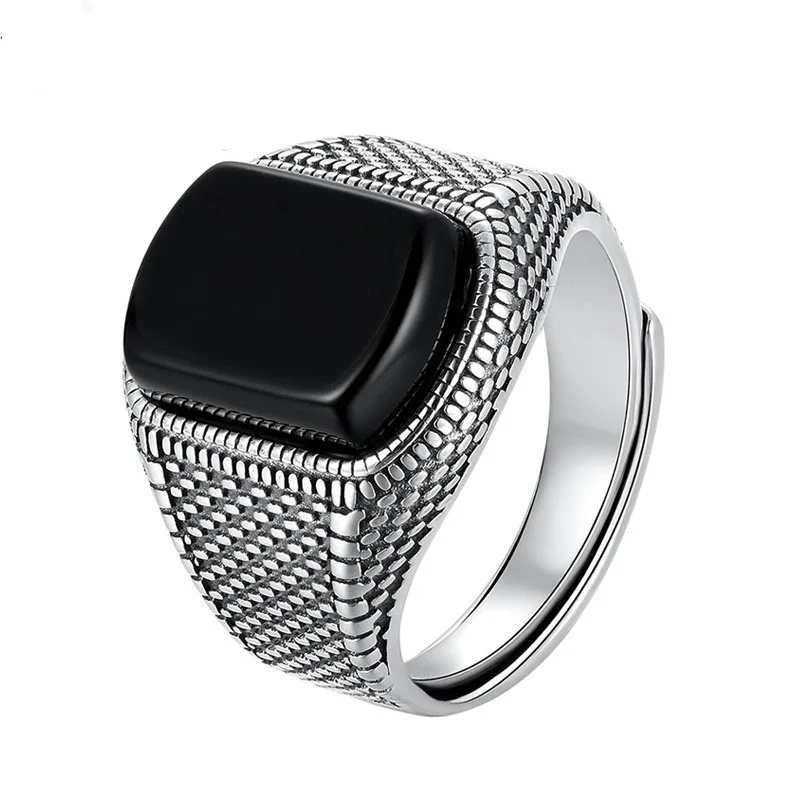 Black Stone Ring Men Open Size Vintage Wedding Women Mens Rings Cubic Zirconia Onyx Jewelry