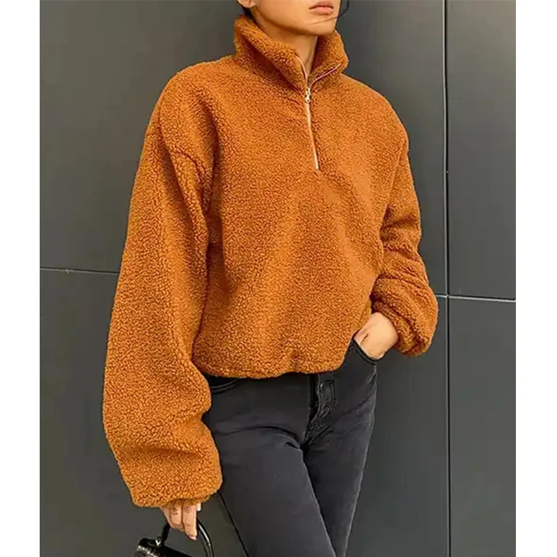 

2023 Fall winter Luxury long sleeve zipper fur lambswool crop tops hoodie trendy custom embroidery teddy coat jacket women
