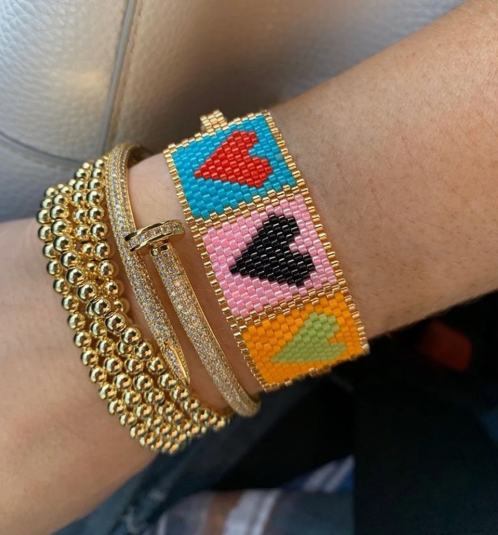 

Wholesale Copper Nail Screw Bracelet Heart shaped Miyuki Bracelet Copper Micro Diamond Adjustable Beads Multicolor Bracelets, Glod