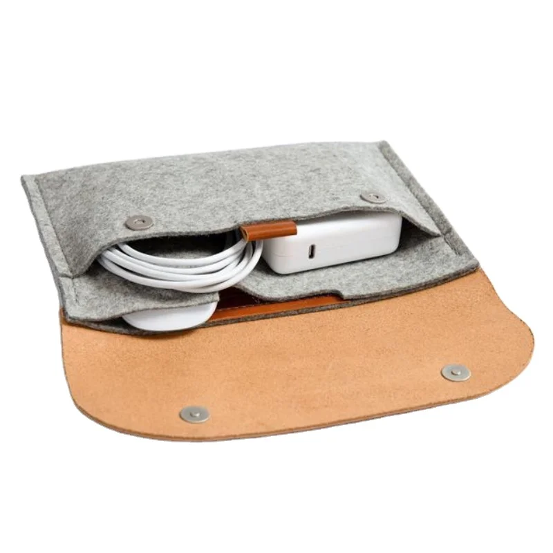 

Wholesale Leather Cable organizer Cord Cable Organizer Felt Cable Bag Storage Case, Black, brown, grey