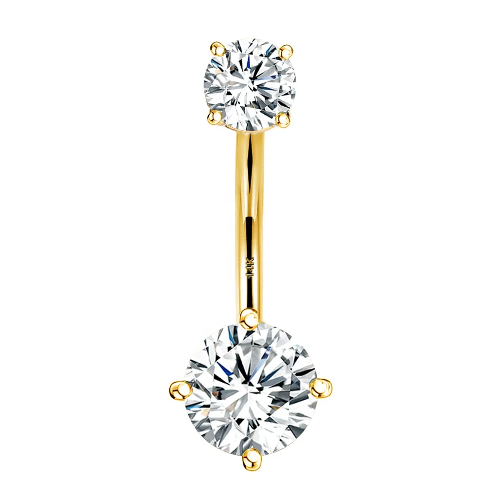 

14K Solid Gold Navel Rings Clear Round CZ Claw Belly Button Ring Body Piercing Jewelry
