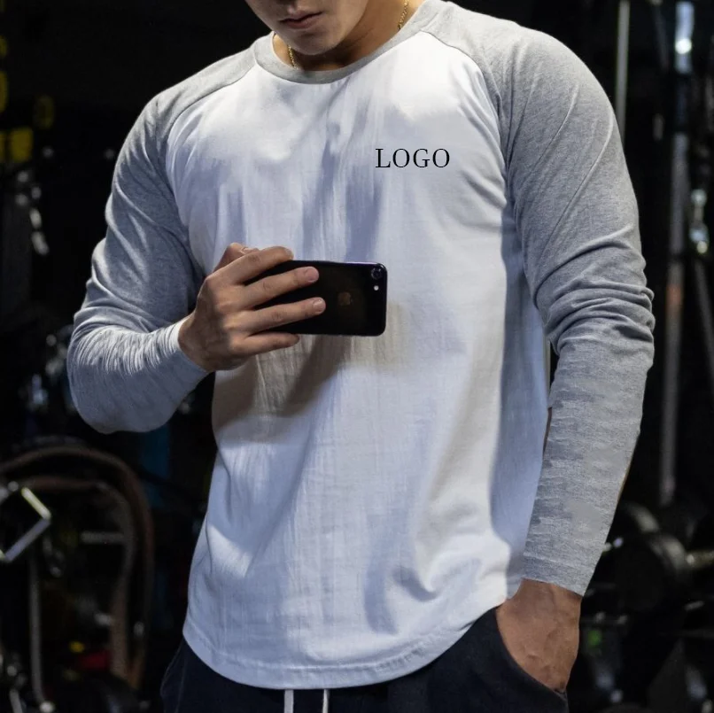 

Color Matching Sports Leisure Long Sleeved T shirt Men Round Neck Fitness Breathable Trend Top Solid Color Bottoming Shirt, As picture