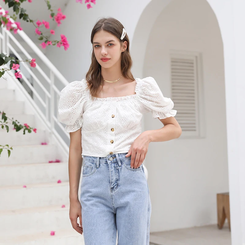 

Embroidered CropTop Ruffle Botton up Short Sleeve Off-shoulder Embroidery Cotton t-shirts custom women crop tops, Customized color