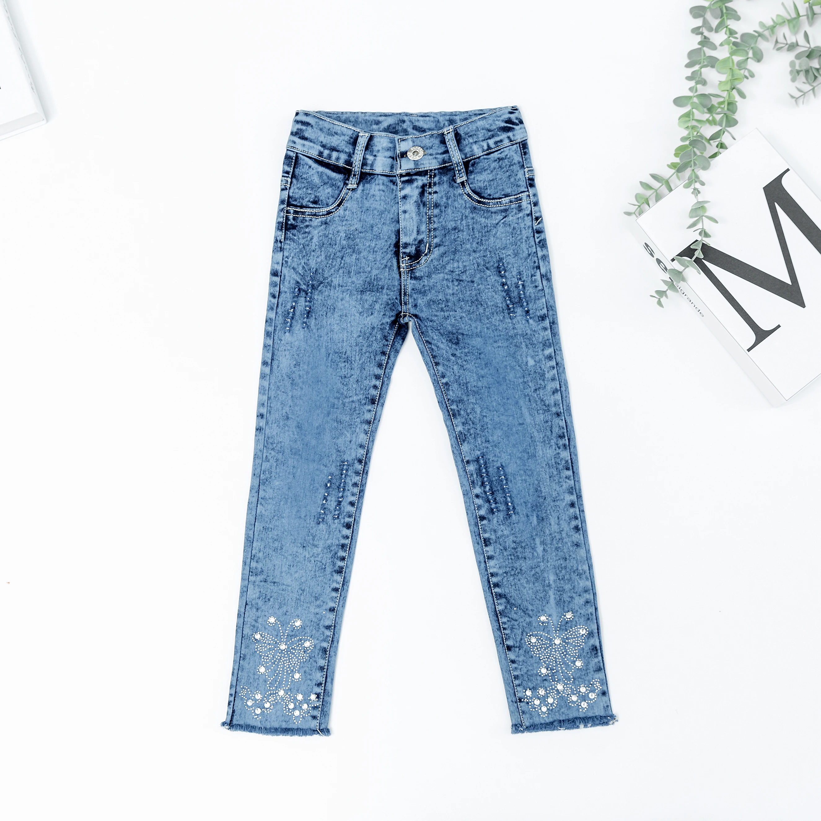 

2021 girls clothes flower pattern casual girl's jeans trousers Manufacturer blue elastic waist straight girls jeans pants