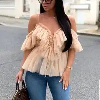 

Sexy v neck off shoulder blouse women pleated vintage ruffle mesh blouses and shirts casual summer sleeveless top Y12183