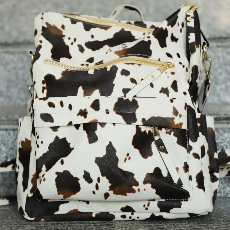 

2021 Wholesale Women Leather Leisure Bag Backpack College School Backpack Fashion Cow Print High Quality Computer Backpack