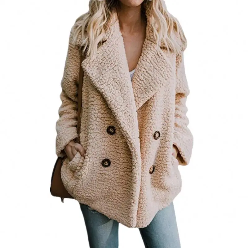 New Fashion Ladies Warm Furry Button Lapel Pocket Jacket Faux Fur Teddy Coat Women Teddy Coat